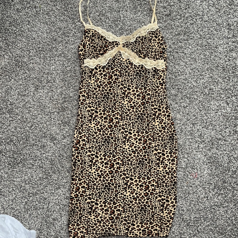 SHEIN Leopard Print Lace Trim Cami Mini Dress